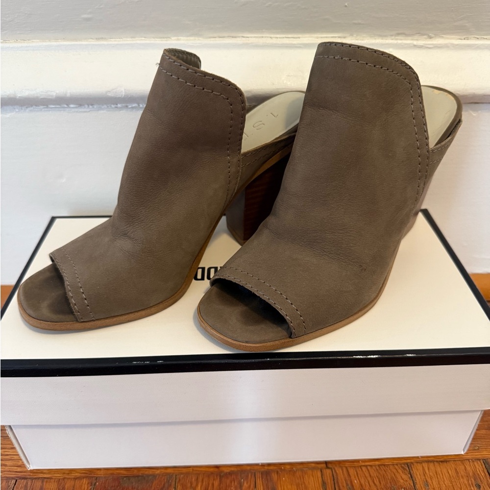 1. State Taupe Peep-Toe Mules